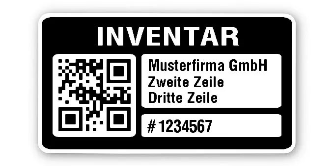Inventaretiketten Material:Polyethylen-Folie hochglänzend weiß Größe:45x25mm Kopfzeile:"Ihr Wunschtext" Barcode:QR Stellenanzahl:7-stellig Menge:1000