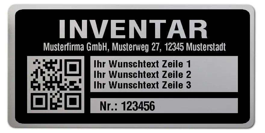 Inventaretiketten Material:Polyester-Folie Silberoptik matt Größe:68x34mm Kopfzeile:"Ihr Wunschtext" Barcode:QR Stellenanzahl:6-stellig Menge:500