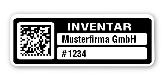 Inventaretiketten Material:Polyethylen-Folie hochglänzend weiß Größe:40x15mm Kopfzeile:"Ihr Wunschtext" Barcode:DataMatrix Stellenanzahl:4-stellig Menge:1000