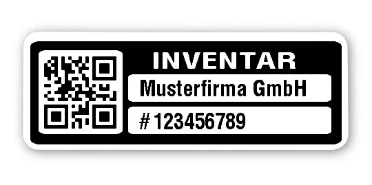 Inventaretiketten Material:Polyethylen-Folie hochglänzend weiß Größe:40x15mm Kopfzeile:"Ihr Wunschtext" Barcode:QR Stellenanzahl:9-stellig Menge:1000