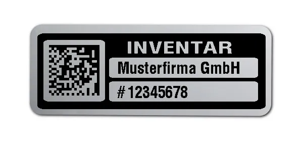 Inventaretiketten Material:Polyester-Folie Silberoptik matt Größe:40x15mm Kopfzeile:"Ihr Wunschtext" Barcode:DataMatrix Stellenanzahl:8-stellig Menge:500