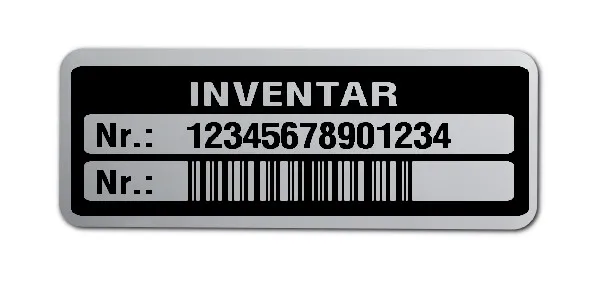 Inventaretiketten Material:Polyester-Folie Silberoptik matt Größe:40x15mm Kopfzeile:"Inventar" Barcode:128C Stellenanzahl:14-stellig Menge:500
