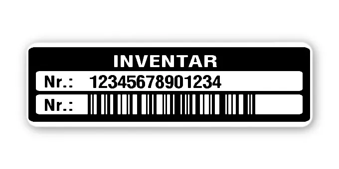 Inventaretiketten Material:Polyethylen-Folie hochglänzend weiß Größe:50x15mm Kopfzeile:"Inventar" Barcode:128C Stellenanzahl:14-stellig Menge:500