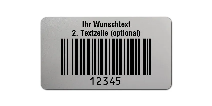 Prüfetiketten Material:Polyester-Folie Silberoptik matt Größe:45x25mm Kopfzeile:"Ihr Wunschtext" Barcode:128B Stellenanzahl:5-stellig Ausführung:1 Etikette pro Nummer Menge:500
