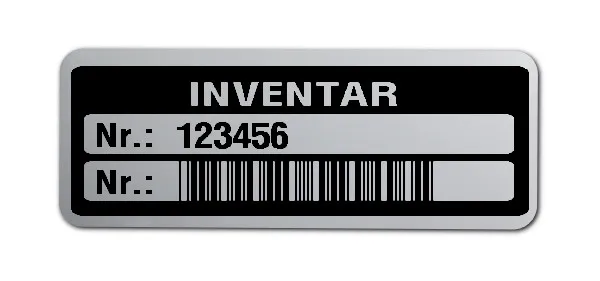 Inventaretiketten Material:Polyester-Folie Silberoptik matt Größe:40x15mm Kopfzeile:"Inventar" Barcode:Code 39 ohne Prüfziffer Stellenanzahl:6-stellig Menge:500