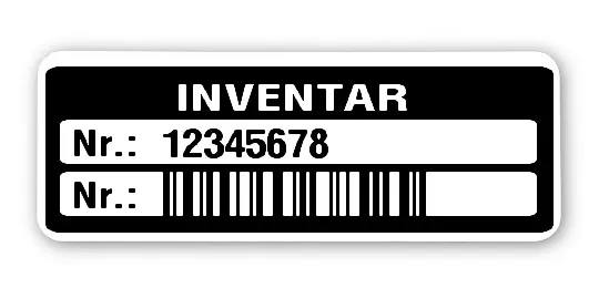 Inventaretiketten Material:Polyethylen-Folie hochglänzend weiß Größe:40x15mm Kopfzeile:"Inventar" Barcode:128C Stellenanzahl:8-stellig Menge:100