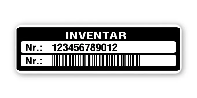 Inventaretiketten Material:Polyethylen-Folie hochglänzend weiß Größe:50x15mm Kopfzeile:"Inventar" Barcode:2a5 interleaved Stellenanzahl:12-stellig Menge:100