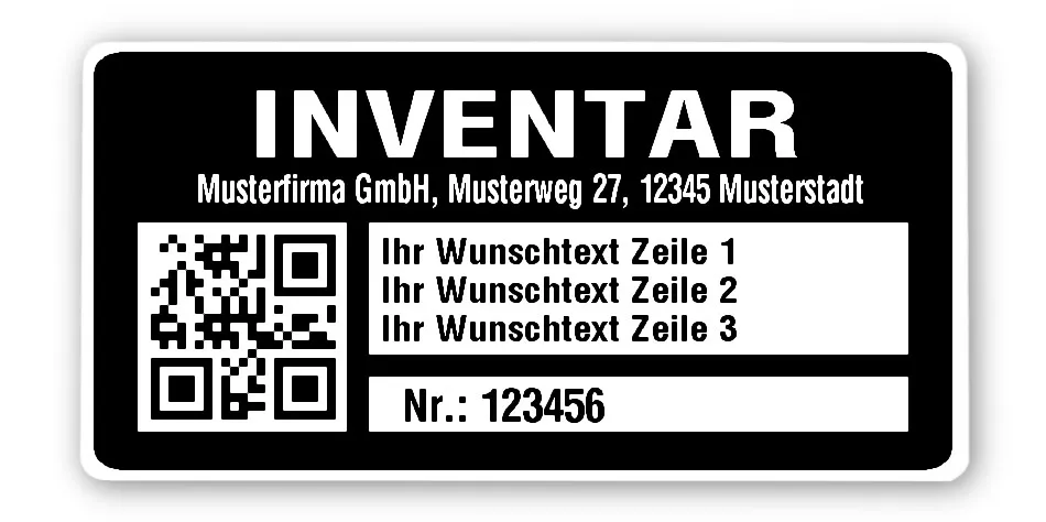 Inventaretiketten Material:Polyethylen-Folie hochglänzend weiß Größe:68x34mm Kopfzeile:"Ihr Wunschtext" Barcode:QR Stellenanzahl:6-stellig Menge:1000