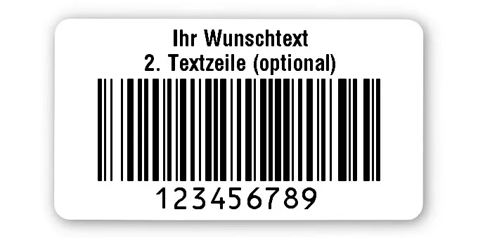 Prüfetiketten Material:Polyethylen-Folie hochglänzend weiß Größe:45x25mm Kopfzeile:"Ihr Wunschtext" Barcode:128B Stellenanzahl:9-stellig Ausführung:1 Etikette pro Nummer Menge:500