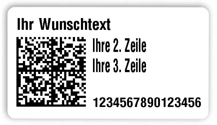 Universaletiketten Material:Folie hochglänzend weiß Größe:54x30mm Kopfzeile:"Ihr Wunschtext" Barcode:DataMatrix Stellenanzahl:16-stellig Ausführung:3 Etiketten pro Nummer Menge:300