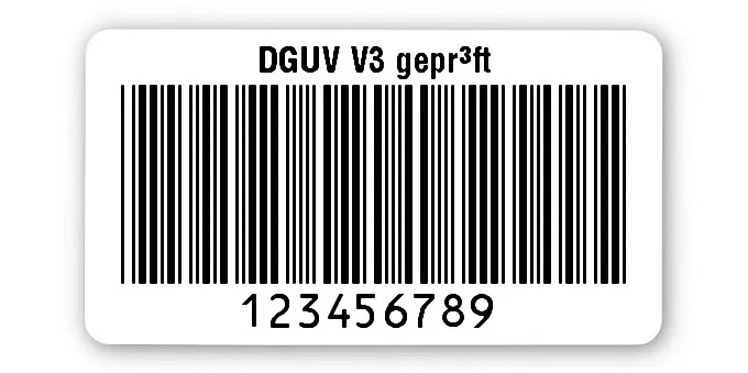 Prüfetiketten Material:Polyethylen-Folie hochglänzend weiß Größe:45x25mm Kopfzeile:"DGUV V3 geprüft" Barcode:Code 39 ohne Prüfziffer Stellenanzahl:9-stellig Ausführung:1 Etikette pro Nummer Menge:500
