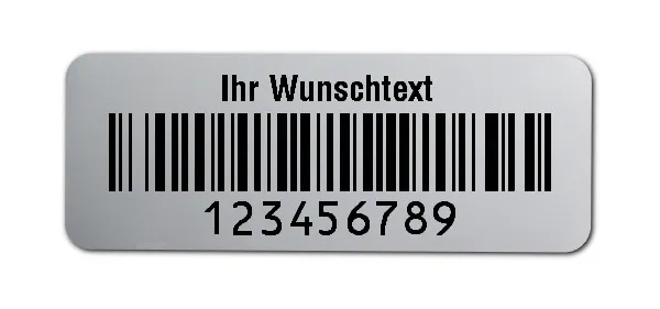 Prüfetiketten Material:Polyester-Folie Silberoptik matt Größe:40x15mm Kopfzeile:"Ihr Wunschtext" Barcode:128B Stellenanzahl:9-stellig Ausführung:1 Etikette pro Nummer Menge:1000