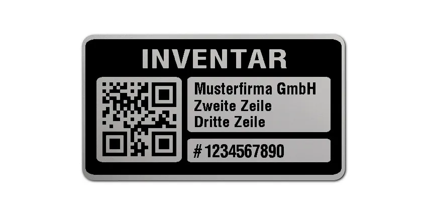 Inventaretiketten Material:Polyester-Folie Silberoptik matt Größe:45x25mm Kopfzeile:"Ihr Wunschtext" Barcode:QR Stellenanzahl:10-stellig Menge:100