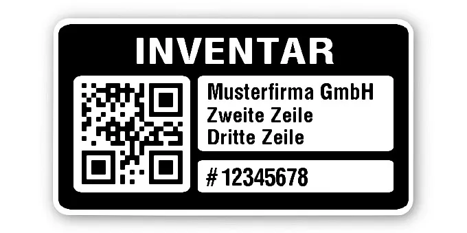 Inventaretiketten Material:Polyethylen-Folie hochglänzend weiß Größe:45x25mm Kopfzeile:"Ihr Wunschtext" Barcode:QR Stellenanzahl:8-stellig Menge:100