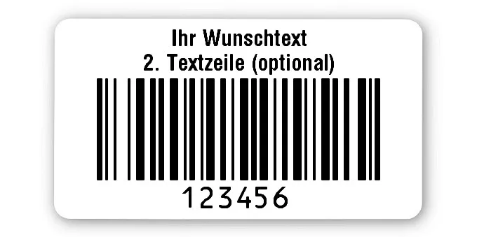 Prüfetiketten Material:Polyethylen-Folie hochglänzend weiß Größe:45x25mm Kopfzeile:"Ihr Wunschtext" Barcode:128B Stellenanzahl:6-stellig Ausführung:1 Etikette pro Nummer Menge:1000