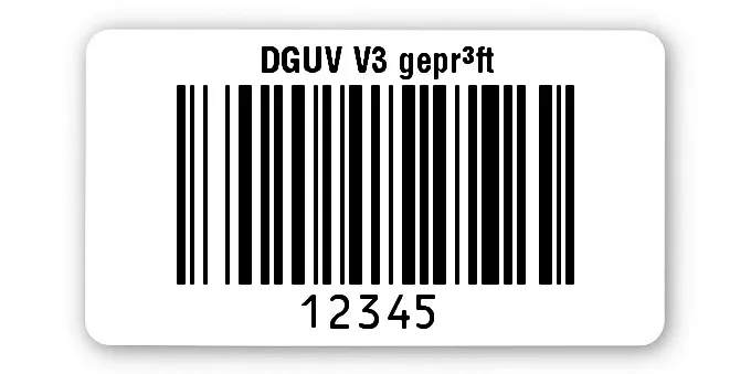 Prüfetiketten Material:Polyethylen-Folie hochglänzend weiß Größe:45x25mm Kopfzeile:"DGUV V3 geprüft" Barcode:128B Stellenanzahl:5-stellig Ausführung:1 Etikette pro Nummer Menge:500