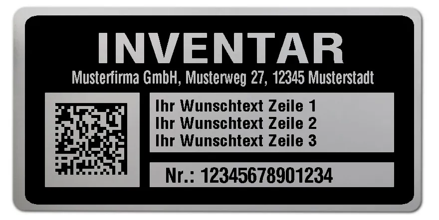 Inventaretiketten Material:Polyester-Folie Silberoptik matt Größe:68x34mm Kopfzeile:"Ihr Wunschtext" Barcode:DataMatrix Stellenanzahl:14-stellig Menge:500