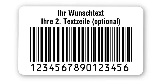 Produktbild:Universaletiketten Material:Folie weiß Größe:45x25mm Kopfzeile:"Ihr Wunschtext" Barcode:2a5 interleaved Stellenanzahl:16-stellig Ausführung:6 Etiketten pro Nummer Etiketten je Rolle:900