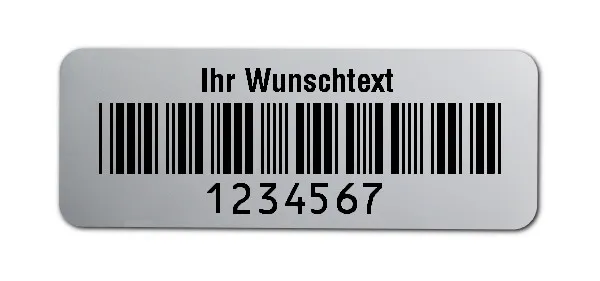 Prüfetiketten Material:Polyester-Folie Silberoptik matt Größe:40x15mm Kopfzeile:"Ihr Wunschtext" Barcode:Code 39 ohne Prüfziffer Stellenanzahl:7-stellig Ausführung:1 Etikette pro Nummer Menge:1000