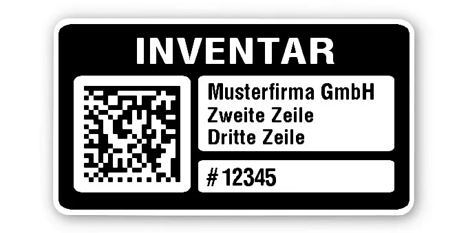 Inventaretiketten Material:Polyethylen-Folie hochglänzend weiß Größe:45x25mm Kopfzeile:"Ihr Wunschtext" Barcode:DataMatrix Stellenanzahl:5-stellig Menge:500