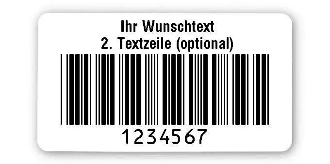 Prüfetiketten Material:Polyethylen-Folie hochglänzend weiß Größe:45x25mm Kopfzeile:"Ihr Wunschtext" Barcode:Code 39 ohne Prüfziffer Stellenanzahl:7-stellig Ausführung:1 Etikette pro Nummer Menge:1000