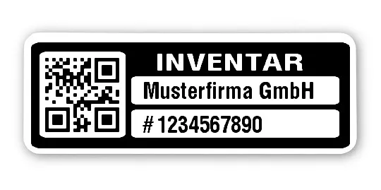 Inventaretiketten Material:Polyethylen-Folie hochglänzend weiß Größe:40x15mm Kopfzeile:"Ihr Wunschtext" Barcode:QR Stellenanzahl:10-stellig Menge:100