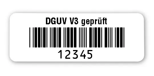 Prüfetiketten Material:Polyethylen-Folie hochglänzend weiß Größe:40x15mm Kopfzeile:"DGUV V3 geprüft" Barcode:Code 39 ohne Prüfziffer Stellenanzahl:5-stellig Ausführung:1 Etikette pro Nummer Menge:1000