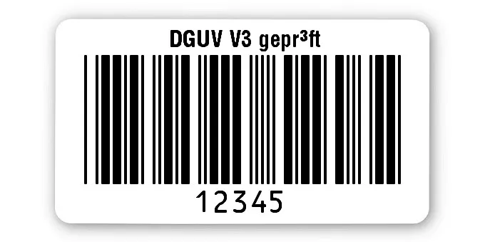 Prüfetiketten Material:Polyethylen-Folie hochglänzend weiß Größe:45x25mm Kopfzeile:"DGUV V3 geprüft" Barcode:Code 39 ohne Prüfziffer Stellenanzahl:5-stellig Ausführung:1 Etikette pro Nummer Menge:1000