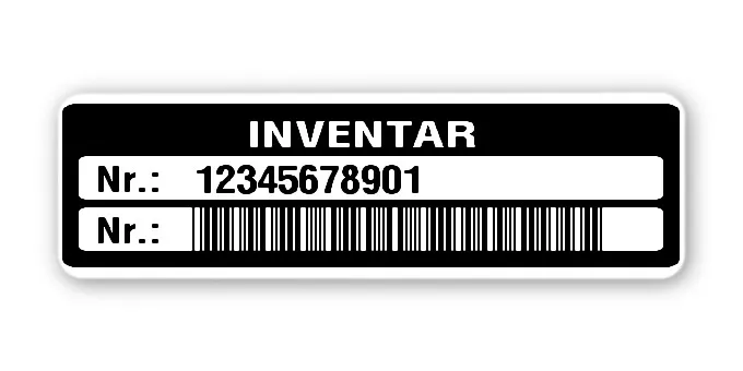 Inventaretiketten Material:Polyethylen-Folie hochglänzend weiß Größe:50x15mm Kopfzeile:"Inventar" Barcode:Code 39 ohne Prüfziffer Stellenanzahl:11-stellig Menge:500