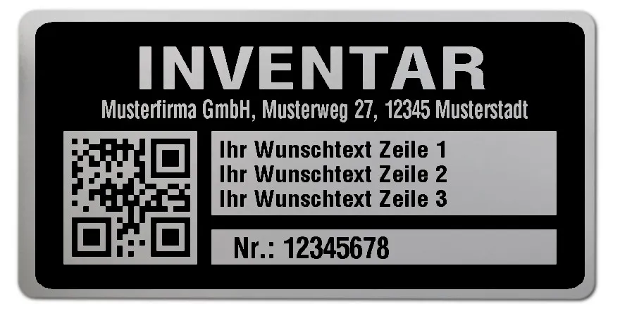 Inventaretiketten Material:Polyester-Folie Silberoptik matt Größe:68x34mm Kopfzeile:"Ihr Wunschtext" Barcode:QR Stellenanzahl:8-stellig Menge:100
