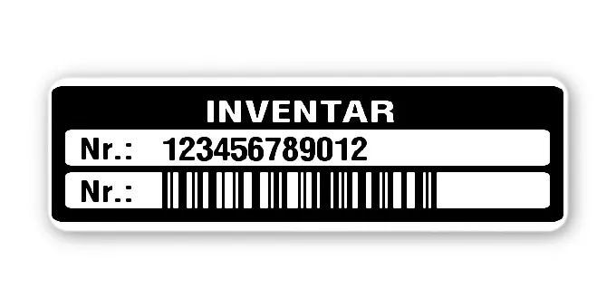 Inventaretiketten Material:Polyethylen-Folie hochglänzend weiß Größe:50x15mm Kopfzeile:"Inventar" Barcode:128C Stellenanzahl:12-stellig Menge:1000