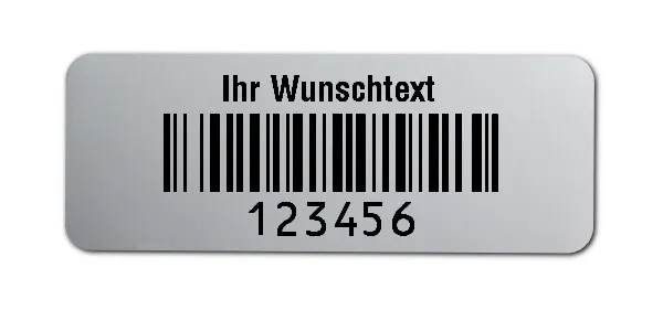 Universaletiketten Material:Folie silber matt Größe:40x15mm Kopfzeile:"Ihr Wunschtext" Barcode:128B Stellenanzahl:6-stellig Ausführung:2 Etiketten pro Nummer Menge:1000