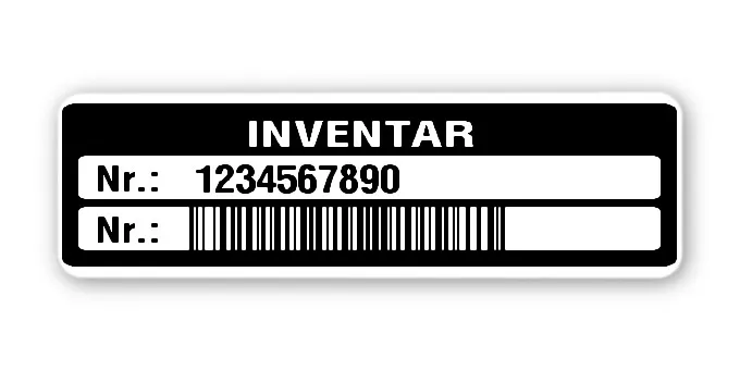 Inventaretiketten Material:Polyethylen-Folie hochglänzend weiß Größe:50x15mm Kopfzeile:"Inventar" Barcode:128B Stellenanzahl:10-stellig Menge:500