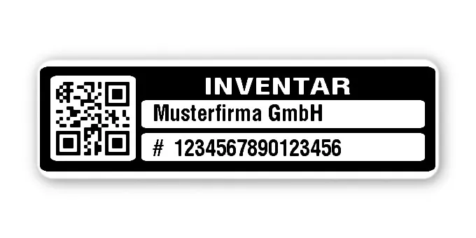 Inventaretiketten Material:Polyethylen-Folie hochglänzend weiß Größe:50x15mm Kopfzeile:"Ihr Wunschtext" Barcode:QR Stellenanzahl:16-stellig Menge:100