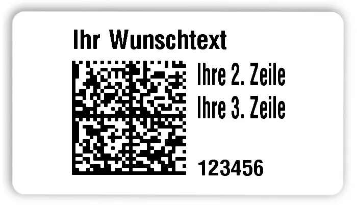 Universaletiketten Material:Folie hochglänzend weiß Größe:54x30mm Kopfzeile:"Ihr Wunschtext" Barcode:DataMatrix Stellenanzahl:6-stellig Ausführung:3 Etiketten pro Nummer Menge:300