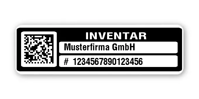 Inventaretiketten Material:Polyethylen-Folie hochglänzend weiß Größe:50x15mm Kopfzeile:"Ihr Wunschtext" Barcode:DataMatrix Stellenanzahl:16-stellig Menge:500