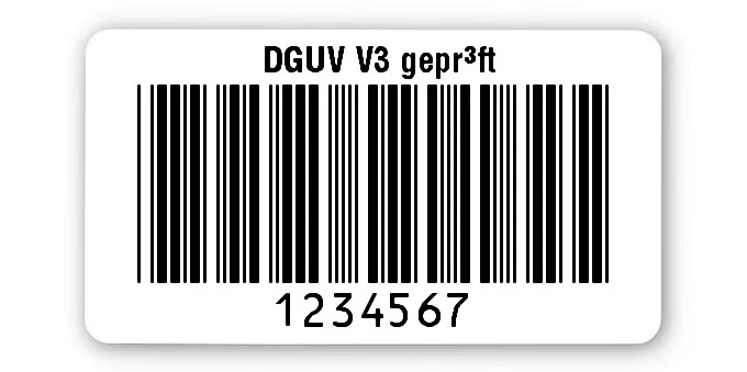 Prüfetiketten Material:Polyethylen-Folie hochglänzend weiß Größe:45x25mm Kopfzeile:"DGUV V3 geprüft" Barcode:Code 39 ohne Prüfziffer Stellenanzahl:7-stellig Ausführung:1 Etikette pro Nummer Menge:500