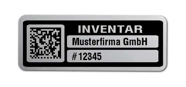 Inventaretiketten Material:Polyester-Folie Silberoptik matt Größe:40x15mm Kopfzeile:"Ihr Wunschtext" Barcode:DataMatrix Stellenanzahl:5-stellig Menge:100