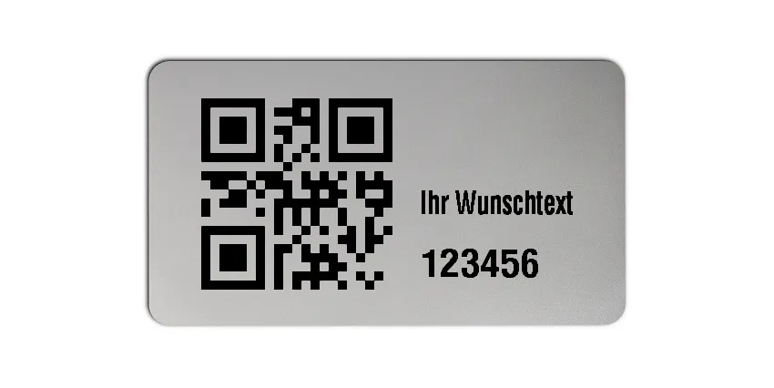 Inventaretiketten Universal Material:Polyester-Folie Silberoptik matt Größe:45x25mm Kopfzeile:"Ihr Wunschtext" Barcode:QR Stellenanzahl:6-stellig Menge:500
