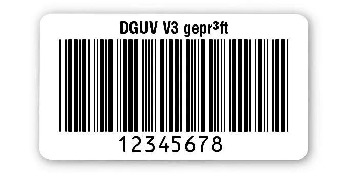 Prüfetiketten Material:Polyethylen-Folie hochglänzend weiß Größe:45x25mm Kopfzeile:"DGUV V3 geprüft" Barcode:Code 39 ohne Prüfziffer Stellenanzahl:8-stellig Ausführung:1 Etikette pro Nummer Menge:1000