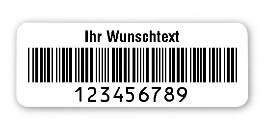 Prüfetiketten Material:Polyethylen-Folie hochglänzend weiß Größe:40x15mm Kopfzeile:"Ihr Wunschtext" Barcode:Code 39 ohne Prüfziffer Stellenanzahl:9-stellig Ausführung:1 Etikette pro Nummer Menge:500