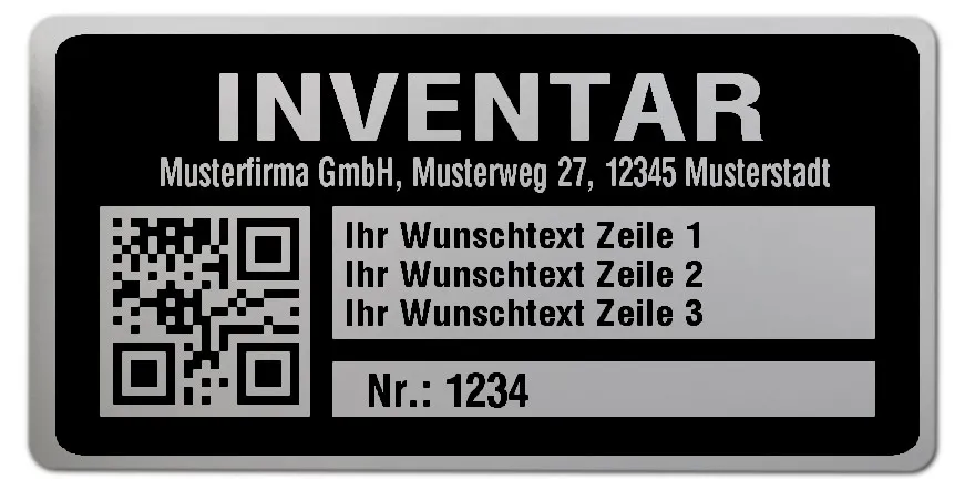 Inventaretiketten Material:Polyester-Folie Silberoptik matt Größe:68x34mm Kopfzeile:"Ihr Wunschtext" Barcode:QR Stellenanzahl:4-stellig Menge:1000