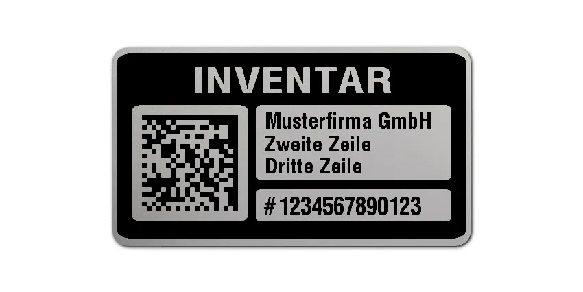 Inventaretiketten Material:Polyester-Folie Silberoptik matt Größe:45x25mm Kopfzeile:"Ihr Wunschtext" Barcode:DataMatrix Stellenanzahl:13-stellig Menge:1000