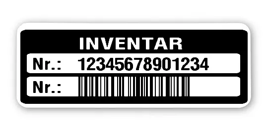 Inventaretiketten Material:Polyethylen-Folie hochglänzend weiß Größe:40x15mm Kopfzeile:"Inventar" Barcode:128C Stellenanzahl:14-stellig Menge:100