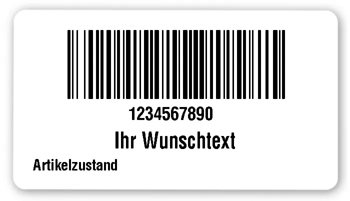 FNSKU Etiketten Material:Polyethylen-Folie hochglänzend weiß Größe:54x30mm Kopfzeile:"Ihr Wunschtext" Barcode:128B Stellenanzahl:10-stellig Ausführung:1 Etikette pro Nummer Menge:100