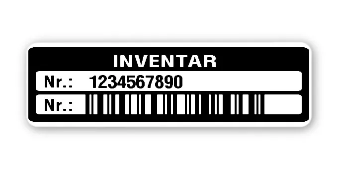 Inventaretiketten Material:Polyethylen-Folie hochglänzend weiß Größe:50x15mm Kopfzeile:"Inventar" Barcode:128C Stellenanzahl:10-stellig Menge:100