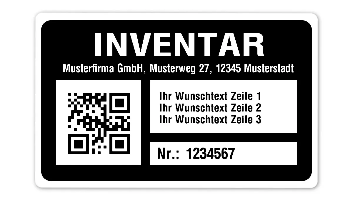 Inventaretiketten Material:Polyethylen-Folie hochglänzend weiß Größe:80x50mm Kopfzeile:"Ihr Wunschtext" Barcode:QR Stellenanzahl:7-stellig Menge:1000