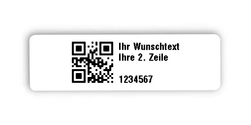 Universaletiketten Material:Folie hochglänzend weiß Größe:31x9mm Kopfzeile:"Ihr Wunschtext" Barcode:QR Stellenanzahl:7-stellig Ausführung:3 Etiketten pro Nummer Menge:300