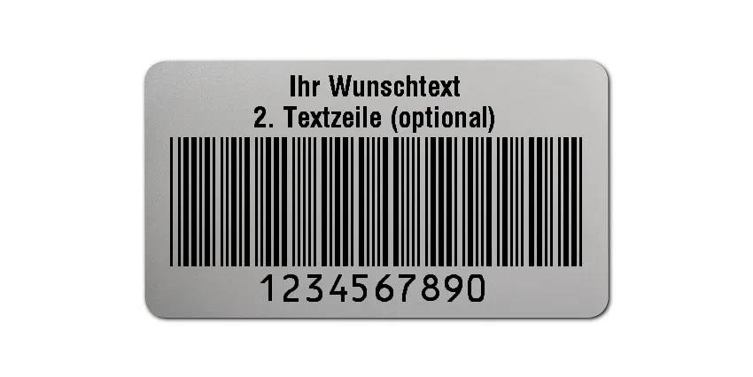 Prüfetiketten Material:Polyester-Folie Silberoptik matt Größe:45x25mm Kopfzeile:"Ihr Wunschtext" Barcode:Code 39 ohne Prüfziffer Stellenanzahl:10-stellig Ausführung:1 Etikette pro Nummer Menge:1000