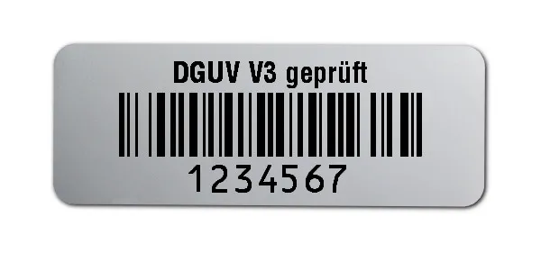 Prüfetiketten Material:Polyester-Folie Silberoptik matt Größe:40x15mm Kopfzeile:"DGUV V3 geprüft" Barcode:128B Stellenanzahl:7-stellig Ausführung:1 Etikette pro Nummer Menge:1000
